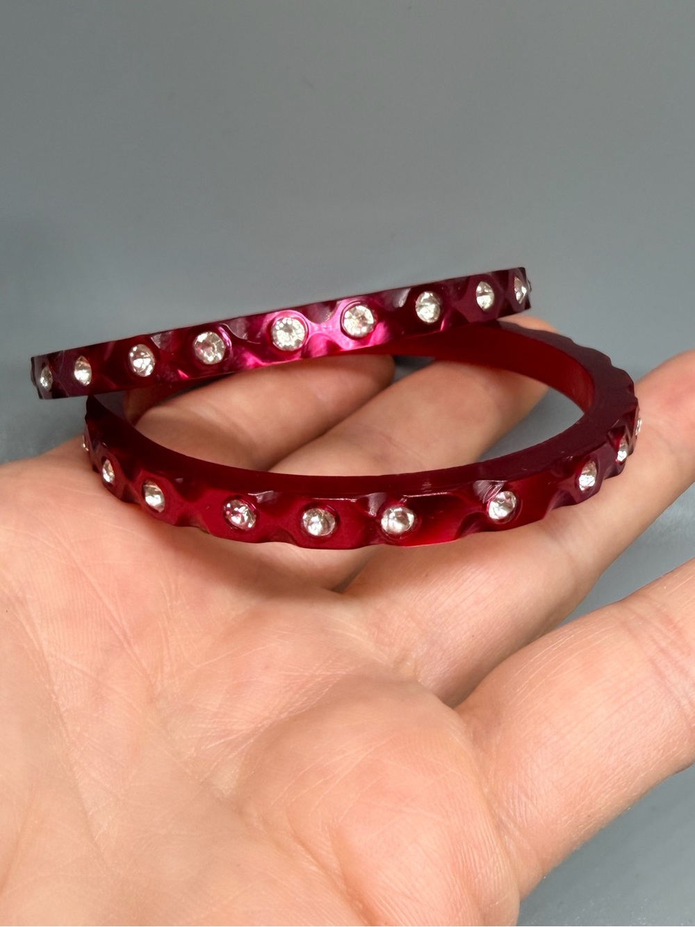 Vintage (lucite?) Rhinestone Accent Red Bangle Bracelet Set - Women Accessories